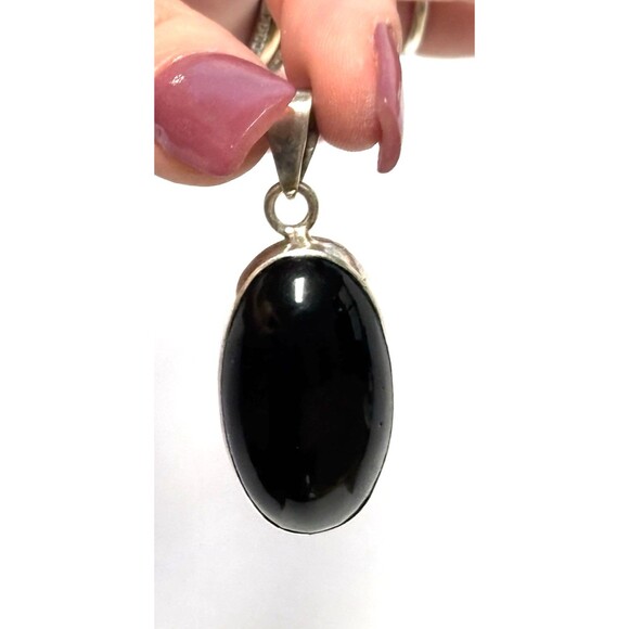 Black Onyx Sterling Silver Pendant Stamped 925-Large Stone-Cobachone-Vntg1990s - Picture 3 of 6